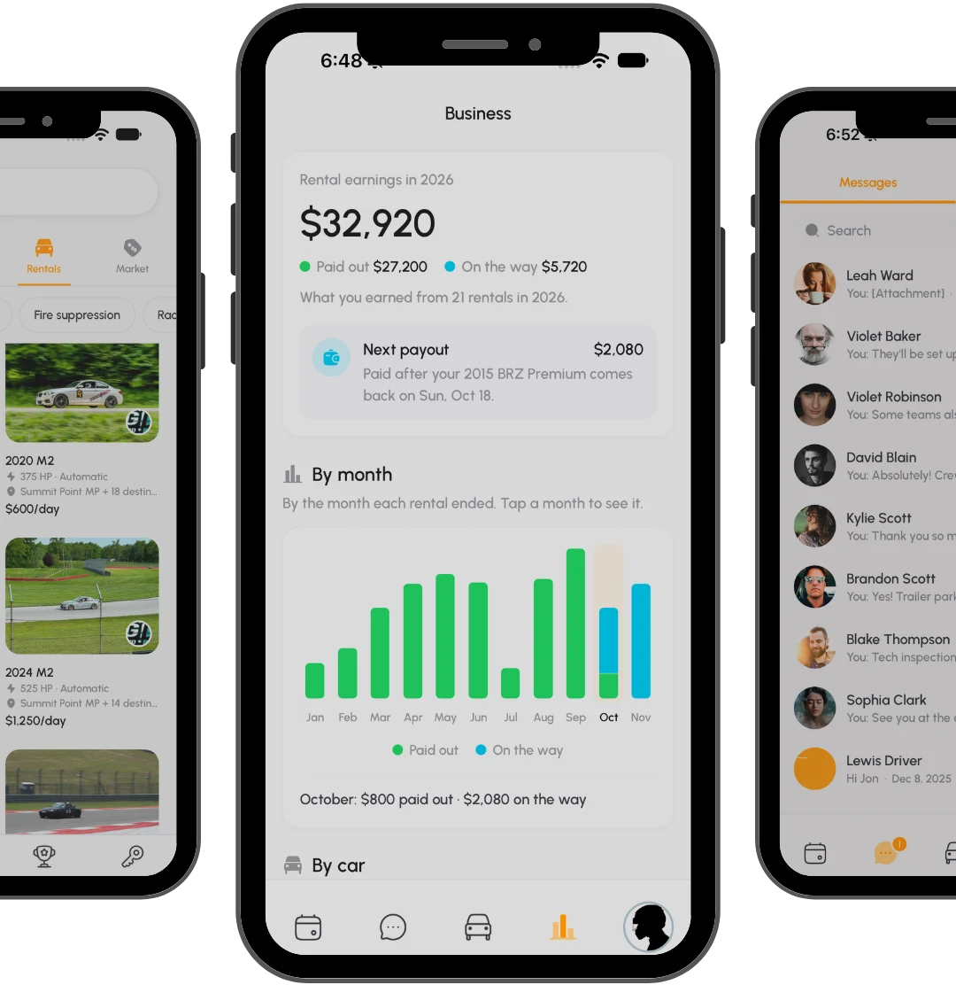 The Kerbz app: cars for rent, a host's rental earnings and messages with renters